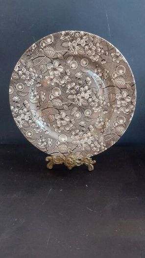 Lovely Vintage Brown and White English Ironstone Tableware Plate in a Fabulous Chintz Style Pattern, with Blossoms and Berries