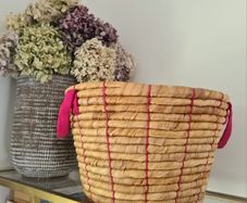 Hand-Woven Decorative Wicker Storage Basket, Pink Accents