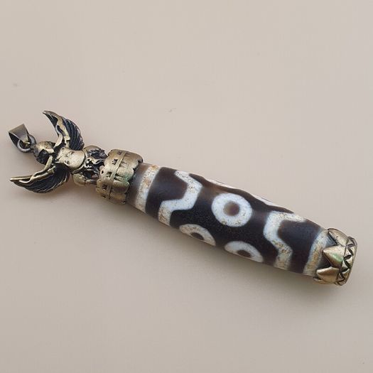 Vintage 6 Eyes Hiamalyan Tibetan Agate Bead Brass Pendant