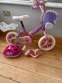stairgate , high chair , girls bike with stabilisers and helmet