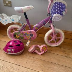 stairgate , high chair , girls bike with stabilisers and helmet