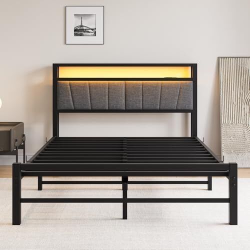 King Size Bed Frame with Storage and LED Lights,5ft Metal Platform Bed Frame King Size Bed Base with Charging Station,Mattress Base,Strong Slats Support,Under-bed Storage,Noise Free,Grey