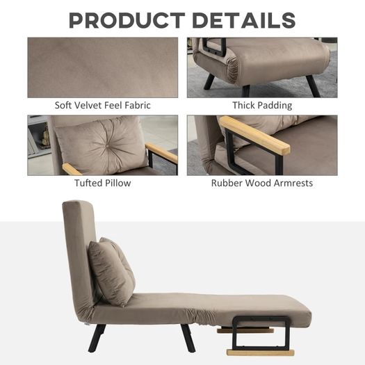 Sleeper Chair, Guest Bed, Adjustable Backrest, up to 120 kg, Steel Frame, 63x73x81cm, Light Brown