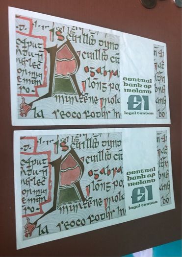 Two irish one pound punt notes
