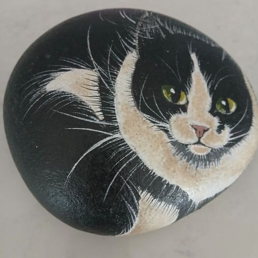 Handpainted cat on stone 1993