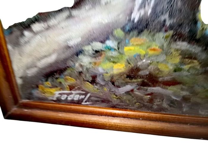 Large old oil painting with cottage