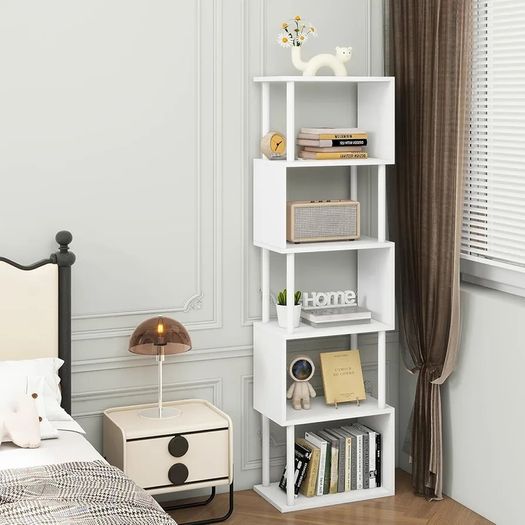 5/6-Tier Tall Bookshelf,S-Shaped Geometric Bookcase, Wood Display Shelves With Storage,Modern Bookshelf for Living Room Bedroom, Home Office, White