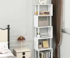 5/6-Tier Tall Bookshelf,S-Shaped Geometric Bookcase, Wood Display Shelves With Storage,Modern Bookshelf for Living Room Bedroom, Home Office, White