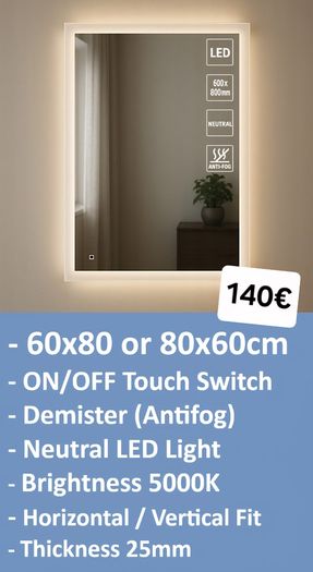 LED Bathroom Mirror 60x80cm Antifog Defogger