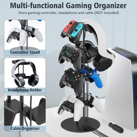 Controller Stand 4 Tiers with Headphone Holder for Desk, Universal Controller Holder Compatible with Xbox PS5 PS4 Nintendo Switch, Headset Hanger & Desk Mounts for 8 Packs Controller