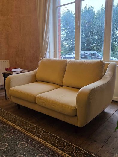 French Connection butter yellow velvet couch