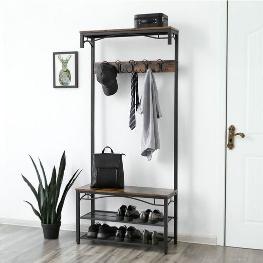 VASAGLE Coat Rack, Hallway Cabinet, with Top Board, Shoe Rack, Bench and 5 Double Hooks