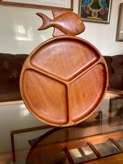 Vintage Teak Mid Century Divided Serving Platter Carved Handle Retro Stylised Fish