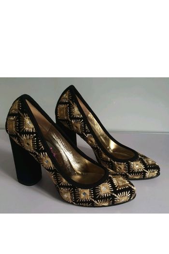Le Babe Mirror 5019 Black Gold Embroidered Block Heel Court Shoes EU36 BNIB CAN POST