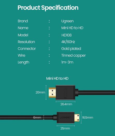 Ugreen Premium 1.5M Mini HDMI (Male) to HDMI (Male) 3D/UHD 4K@60Hz Bi-Directional Cable (Gold-Plated) (Brand New/Warranty)