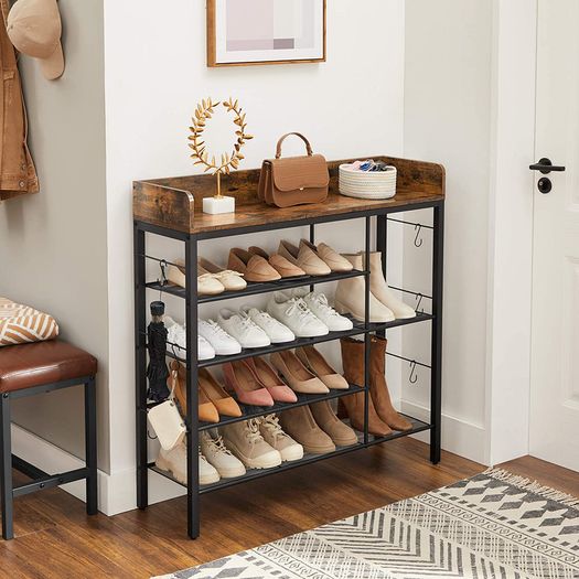 _shoe rack, shoe organizer for 14 pairs of shoes, for slippers, high heels, boots, in the entrance area, living room, bedroom, industrial style, vintage brown-black