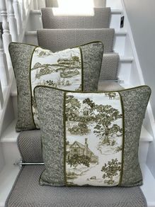Handmade Olive Green and Cream Toile Cushion Covers Pair 20 x 20 Inches