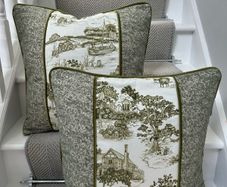 Handmade Olive Green and Cream Toile Cushion Covers Pair 20 x 20 Inches