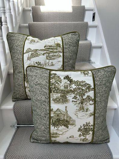 Handmade Olive Green and Cream Toile Cushion Covers Pair 20 x 20 Inches