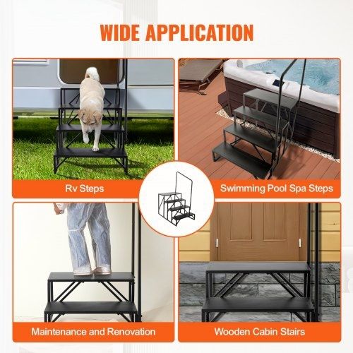 RV Steps, 4-Step RV Stairs, 440 LBS/199.6 kg Load Capacity, Thickened Carbon Steel, With Handrail, Non-Slip Steps for Safe Entry and Exit