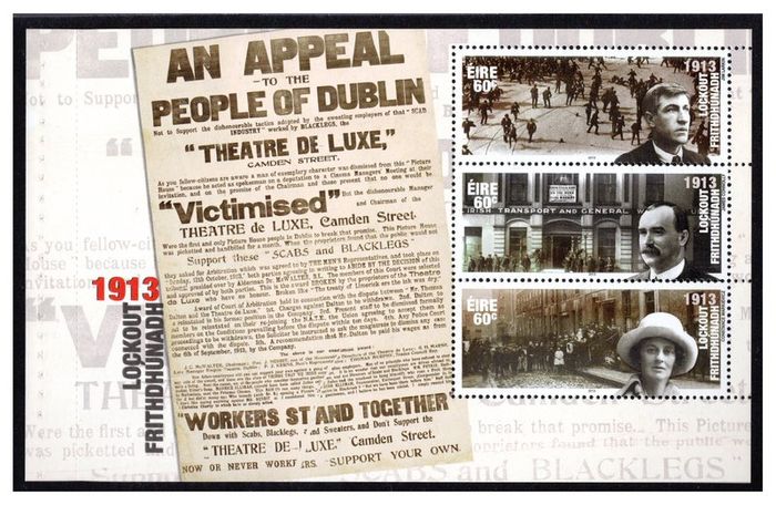2013 Ireland Centenary of the General Lockout Commemorative Stamp Booklet Pane featuring Jim Larkin, James Connolly & Countess Markievicz Mint Never Hinged (MNH). Hibernian HP222b