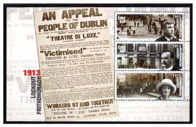 2013 Ireland Centenary of the General Lockout Commemorative Stamp Booklet Pane featuring Jim Larkin, James Connolly & Countess Markievicz Mint Never Hinged (MNH). Hibernian HP222b