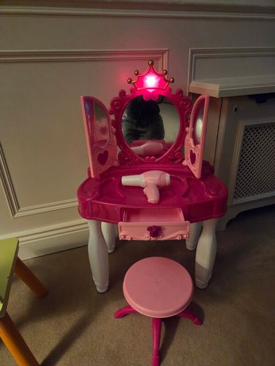 Child's chair, vanity set and barbie sound book