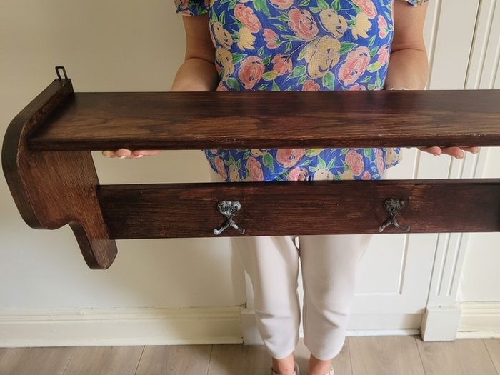 Antique Oak Wall Shelf with Brass Hooks Irish Made