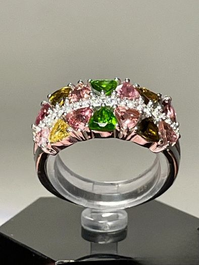 Sterling silver 925 ring with natural Multi-Tourmaline & Natural Zircon. With certificate