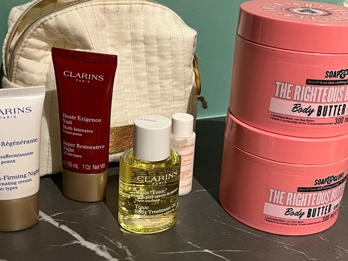 Bundle of Clarins Products with bag + 2 Soap and Glory Body Butter Tubs - Brand New