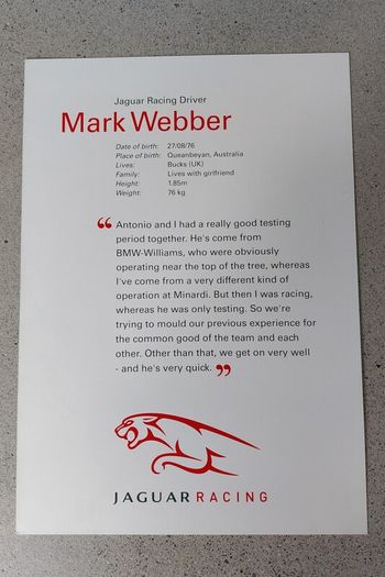 Hand signed Mark Weber Jaguar Racing photo and 2003 Australian Grand Prix Original Ticket