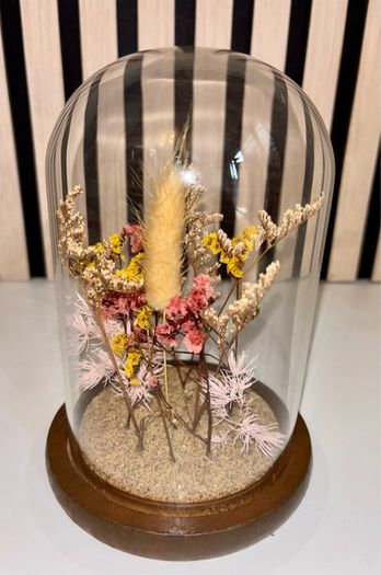 Dried Wildflower Arrangement under Glass Dome w/ Wooden Base