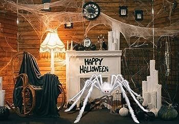 Halloween White Giant Spider, 150cm Hairy Spiders Halloween Realistic Large Fake Hairy Spider Props for Halloween Indoor Outdoor Decorations