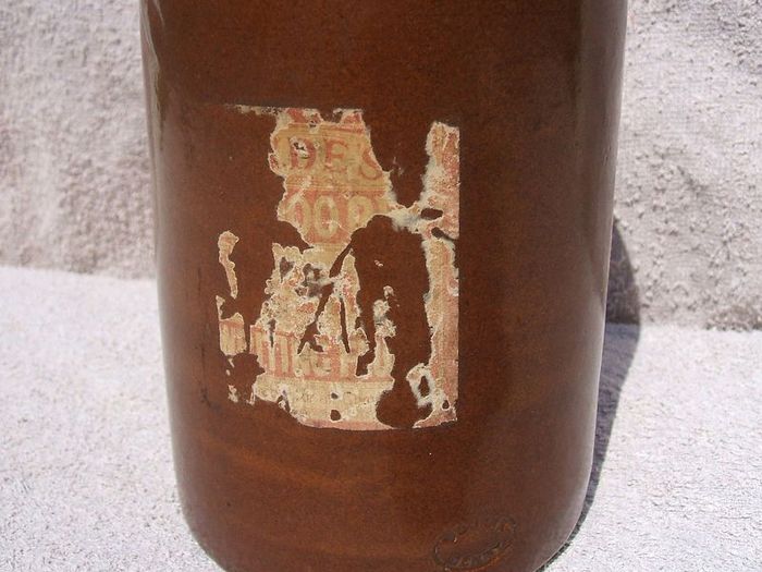 Stoneware antique ink bottle (large size 7.5" high) - made by Joseph Bourne of Denby (1880's - 1910's). Superb condition with remnants of label.