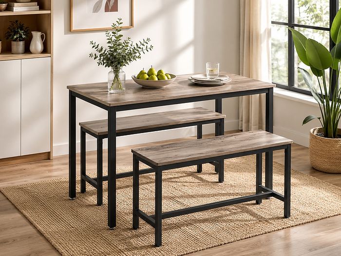 Dining table, kitchen table set, with 2 benches