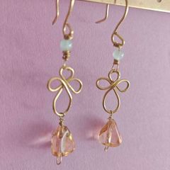 Handmade Brass Wire Wrapped Dangle Earrings, Glass Bead Drop Earrings, Boho Floral Earrings, Romantic Jewelry, Gift for Her