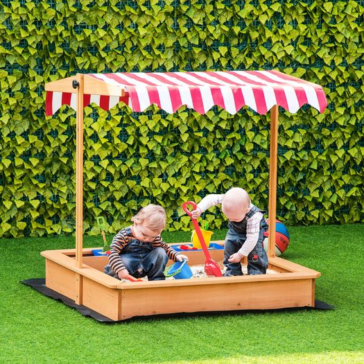 Sand Pit Kids Wooden Sandbox with Cover Children Sandpit Play Station Height Adjustable with Canopy, Bottom Liner, Plastic Basins for Outdoor Aged 3-7 Years