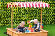 Sand Pit Kids Wooden Sandbox with Cover Children Sandpit Play Station Height Adjustable with Canopy, Bottom Liner, Plastic Basins for Outdoor Aged 3-7 Years