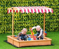 Sand Pit Kids Wooden Sandbox with Cover Children Sandpit Play Station Height Adjustable with Canopy, Bottom Liner, Plastic Basins for Outdoor Aged 3-7 Years