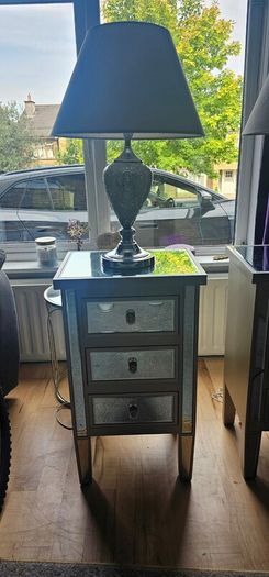 Small Mirror-Effect Bedside Lockers with Matching Crushed Diamond Lamps