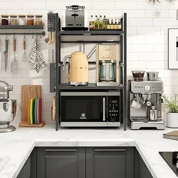 Expandable Microwave Shelf,3-Tier Microwave Stand,Black Adjustable Kitchen storage & Organisation, Heavy Duty Microwave Rack with Knife Holder, Cutlery Box & Cutting Board Rack
