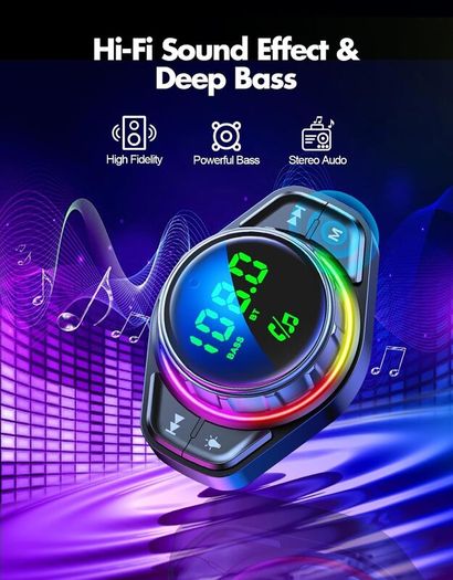Bluetooth Car Adapter, Bluetooth 5.3 FM Transmitter for Car, 48W Dual USB Bluetooth Adapter with HiFi Sound & Bass Mode, Hands-Free Calling, Customizable RGB Light, Voice Assistant Support