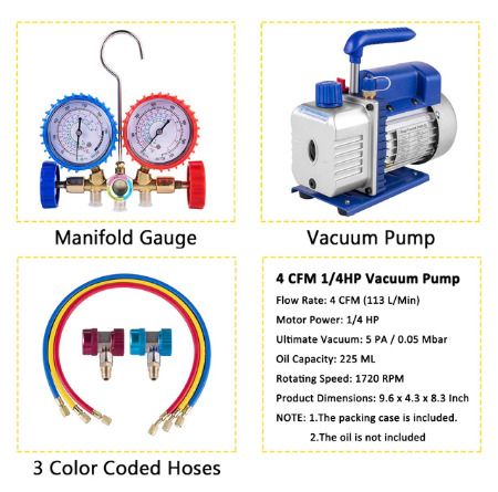 Refrigerant Vacuum Pump Kits 4CFM 1-4HP HVAC Refrigeration 1/3 1/4 HP with Manifold Gauge for Household Air Conditioning