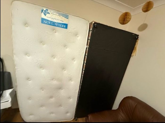 Single bed frame with headboard and mattress.
