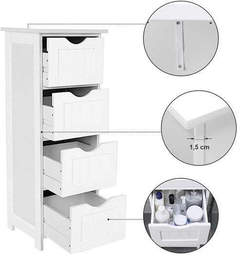 Bathroom cabinet, narrow wooden bathroom cabinet with 4 drawers, 30 x 30 x 82 cm, living room, bedroom, hallway, deep, free-standing, space-saving, white