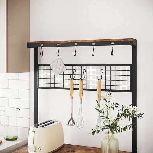 Kitchen shelf in industrial design, standing shelf for the kitchen, shelf levels in wood look, 10 hooks, metal grid shelf, for microwave, dishes, 84 x 40 x 170 cm, vintage, dark brown