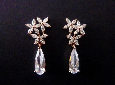 Flower Crystal Dangle Drop Rose Gold Earrings