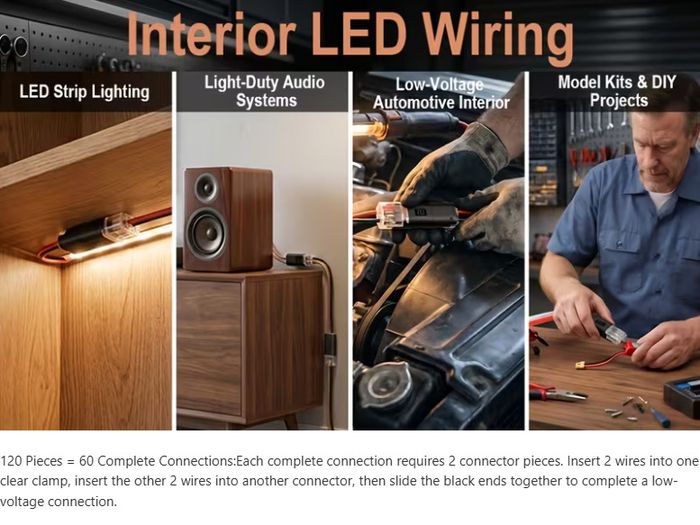 120pcs Double Wire Plug-In Connectors, 2-Pin Low Voltage Quick Connectors with Locking Buckle, No-Stripping Connectors for 18-22 AWG LED Strip, Speaker Wire, Wiring