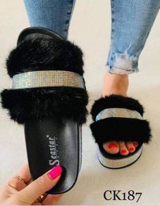 ladies wedges sandals fluffy diamante