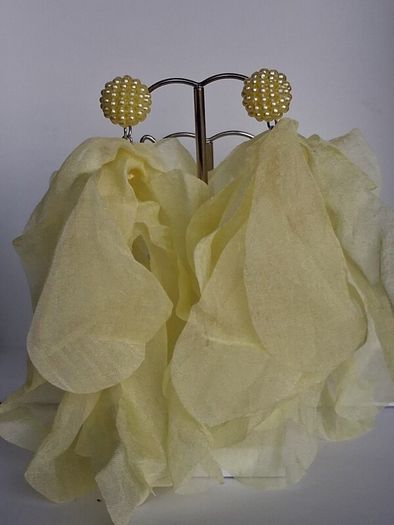 Lemon Yellow Pearl Cluster Stud Glass Inlay Extravagant Chiffon Petal Tassel Earrings
